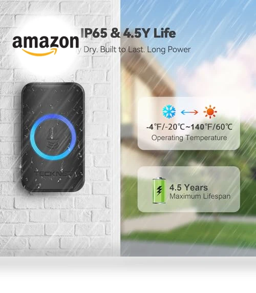 Wireless Doorbell with 1300ft Range, 60 Chimes, IP65 Waterproof — Kits, TECKNET