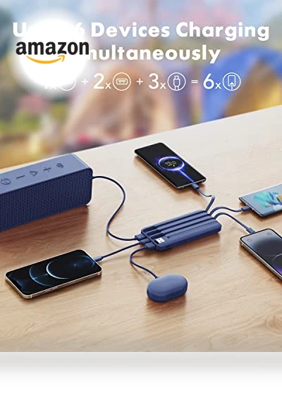 Slim 10000mAh Portable Charger with Built-in Cables - 6 Outputs Power Bank — Charging Solutions, Charmast