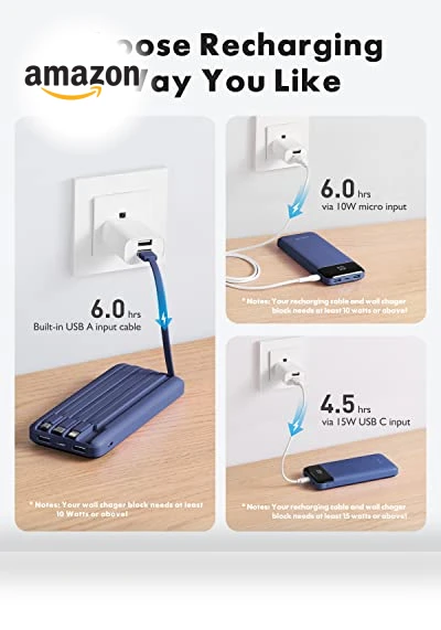 Slim 10000mAh Portable Charger with Built-in Cables - 6 Outputs Power Bank — Charging Solutions, Charmast