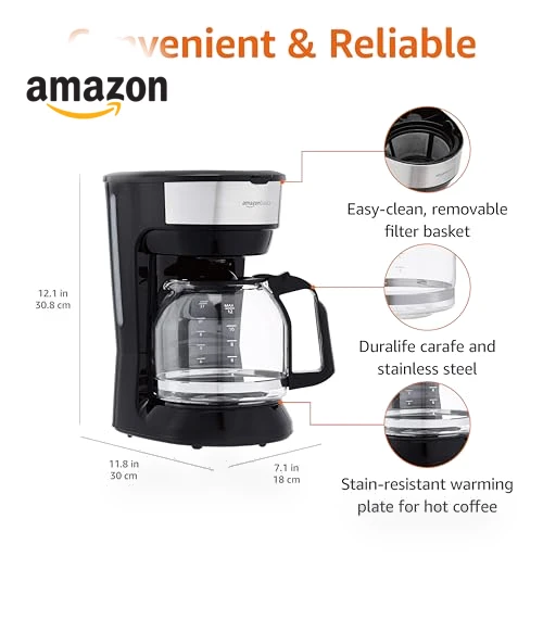 12-Cup Coffee Maker with Reusable Filter, Black & Stainless Steel — Coffee Makers, Amazon Basics