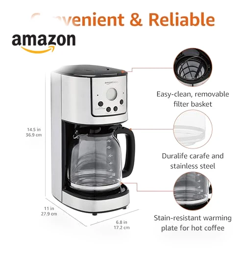 Drip Coffee Maker 12 Cup with Carafe and Reusable Filter, Stainless Steel — Coffee Makers, Amazon Basics