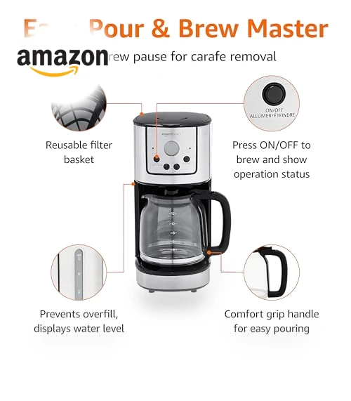 Drip Coffee Maker 12 Cup with Carafe and Reusable Filter, Stainless Steel — Coffee Makers, Amazon Basics