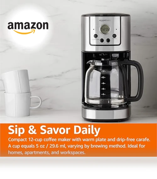 Drip Coffee Maker 12 Cup with Carafe and Reusable Filter, Stainless Steel — Coffee Makers, Amazon Basics