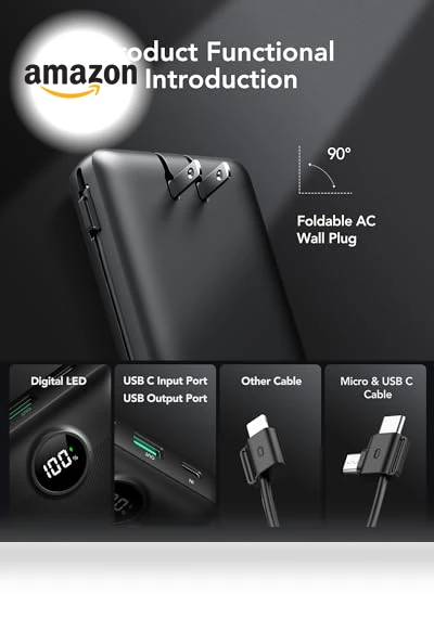 20000mAh Fast Charging Power Bank with Built-in Cables and Wall Plug — Charging Solutions, VRURC