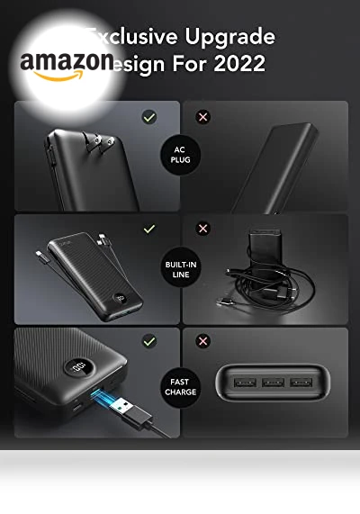 20000mAh Fast Charging Power Bank with Built-in Cables and Wall Plug — Charging Solutions, VRURC