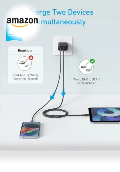 20W Dual Port USB C Charger Block with 5 ft Cable — Charging Solutions, Anker