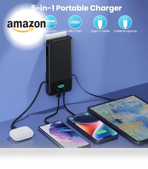 Portable Charger 33800mAh USB C Power Bank with Built-in Cables & AC Wall Plug — Charging Solutions