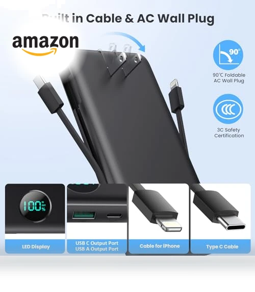 Portable Charger 33800mAh USB C Power Bank with Built-in Cables & AC Wall Plug — Charging Solutions