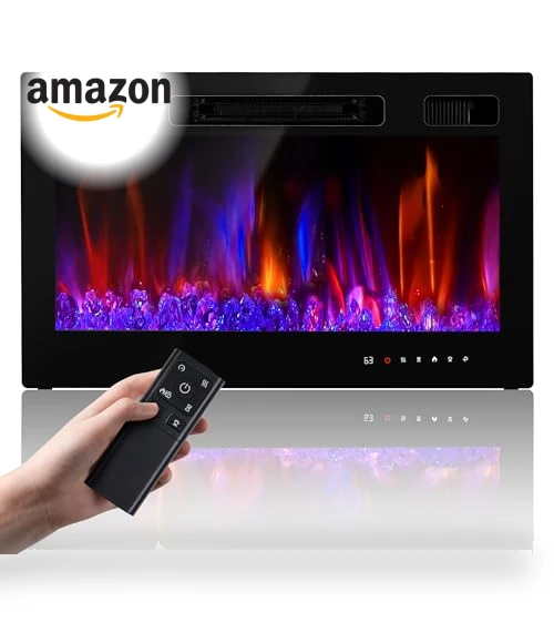 36" Electric Fireplace Insert with Remote Control, 12 Flame Colors, Slim Black Design — Electric Heating Solutions, RealSmart