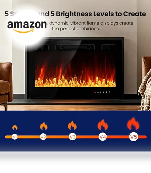 36" Electric Fireplace Insert with Remote Control, 12 Flame Colors, Slim Black Design — Electric Heating Solutions, RealSmart