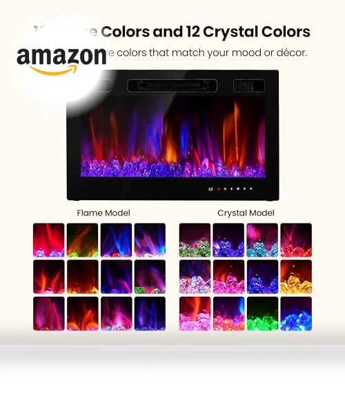 36" Electric Fireplace Insert with Remote Control, 12 Flame Colors, Slim Black Design — Electric Heating Solutions, RealSmart