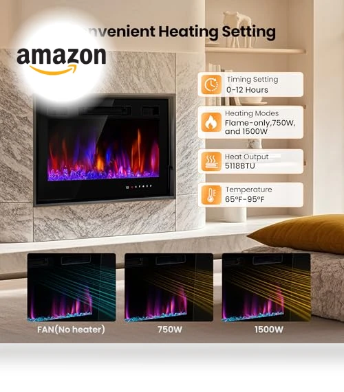 36" Electric Fireplace Insert with Remote Control, 12 Flame Colors, Slim Black Design — Electric Heating Solutions, RealSmart