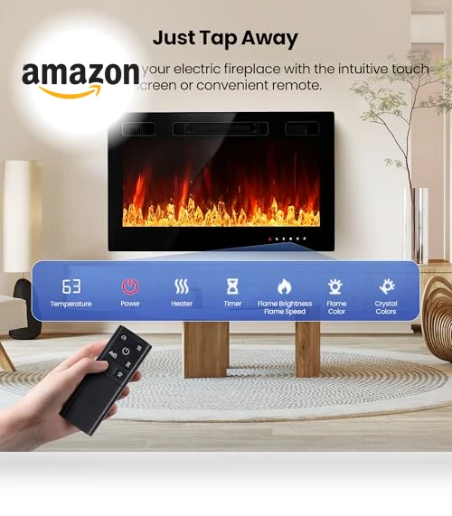 36" Electric Fireplace Insert with Remote Control, 12 Flame Colors, Slim Black Design — Electric Heating Solutions, RealSmart