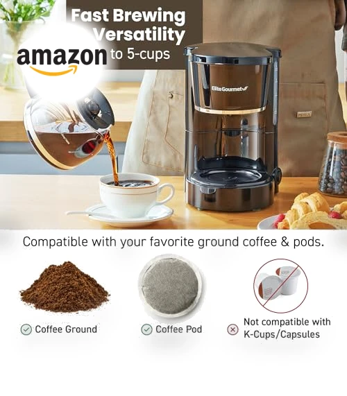 Automatic 5-Cup Brew & Drip Coffee Maker with Reusable Filter — Coffee Makers, Elite Gourmet