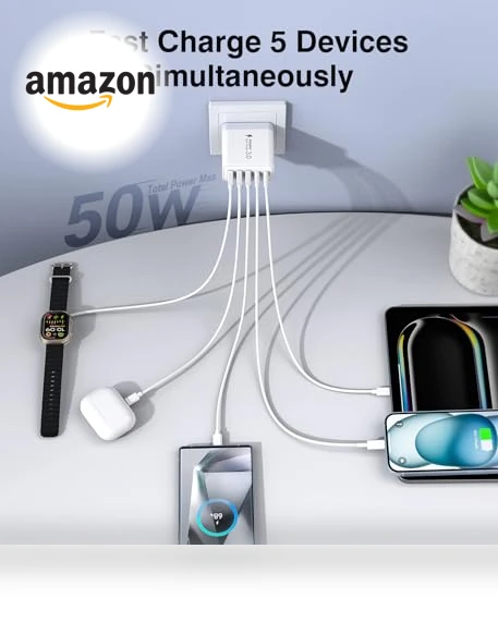 50W 5-Port USB C Wall Charger Fast Charging Block — Charging Solutions, BOVICAS