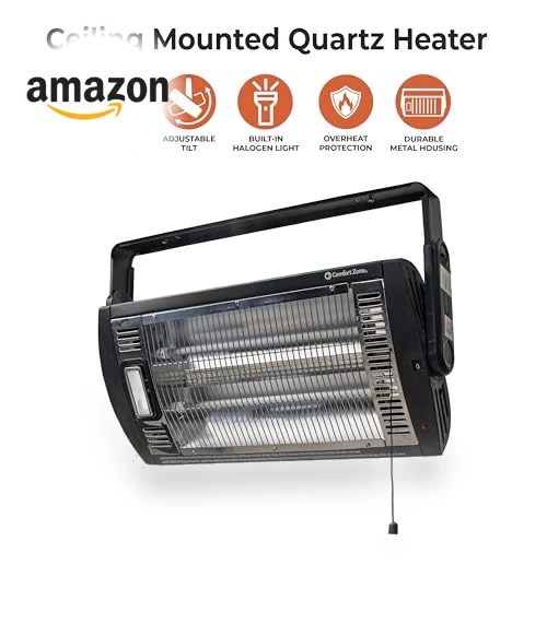 Ceiling Mounted Space Heater with Halogen Light, 1500W, Adjustable Tilt — Heater Spare Components, Comfort Zone