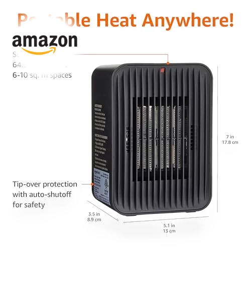 Ceramic Space Heater with 3 Heat Settings, Temperature Control — Portable Heating Solutions, Amazon Basics