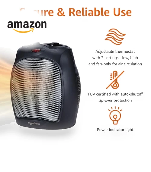 Ceramic Space Heater, Portable Heater for Indoor Use, 1500W, Black — Portable Heating Solutions, Amazon Basics