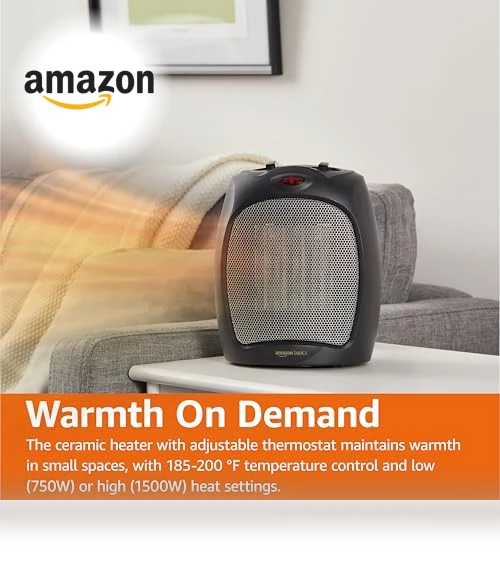 Ceramic Space Heater, Portable Heater for Indoor Use, 1500W, Black — Portable Heating Solutions, Amazon Basics