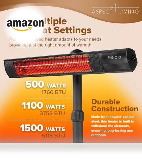 Electric Outdoor/Indoor Infrared Heater, 1500W 3 Settings, Remote Control — Portable Heating Solutions, Aspect Living