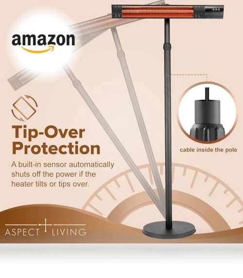 Electric Outdoor/Indoor Infrared Heater, 1500W 3 Settings, Remote Control — Portable Heating Solutions, Aspect Living