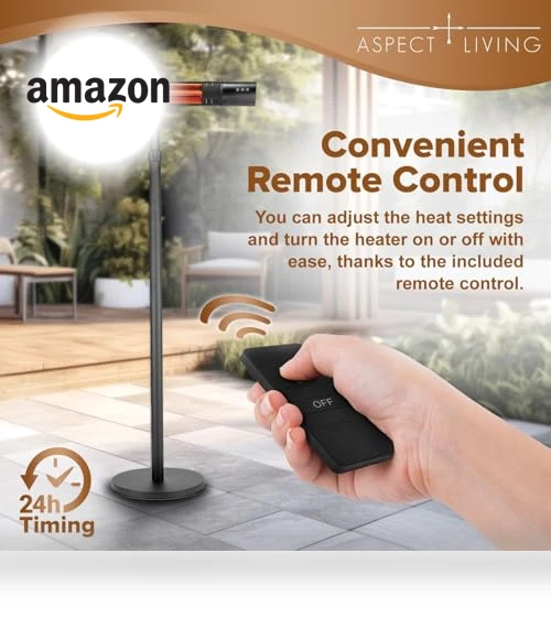 Electric Outdoor/Indoor Infrared Heater, 1500W 3 Settings, Remote Control — Portable Heating Solutions, Aspect Living