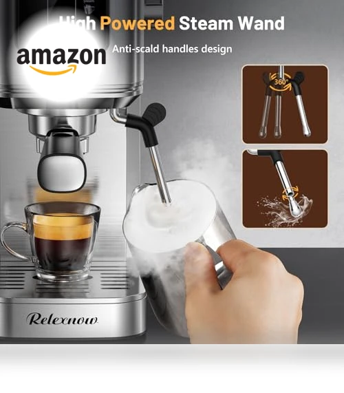 20 Bar Espresso Machine with Milk Frother & LCD Panel — Coffee & Espresso Combos, RELEXNOW