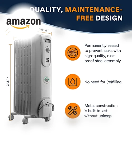 Oil filled Radiator Heater, 1500W Electric Space Heater — Portable Heating Solutions, De'Longhi
