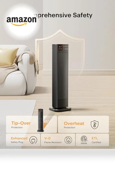Oscillating Ceramic Tower Indoor Space Heater with Remote Control — Portable Heating Solutions, PELONIS