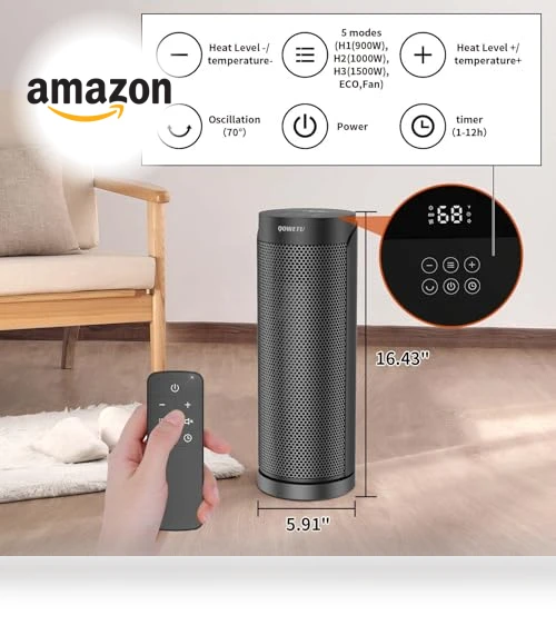Portable Ceramic Space Heater with Remote, 1500W, 70° Oscillation — Portable Heating Solutions, QOWETU