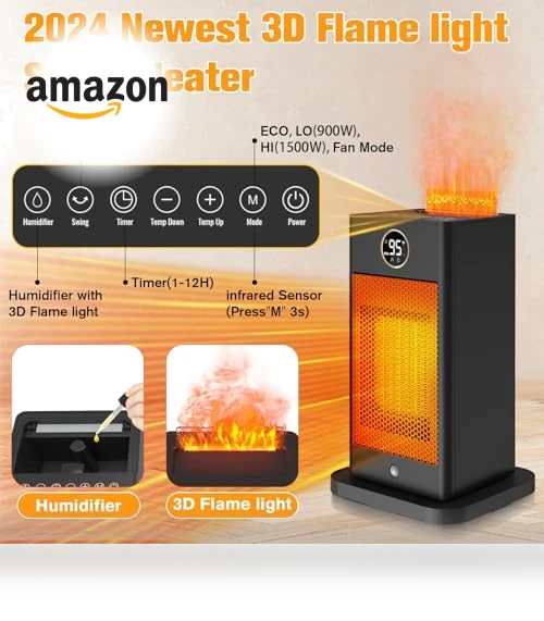 1500W PTC Fast Heating Space Heater with Humidifier and 3D Flame Effect — Portable Heating Solutions, Verminget