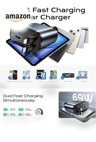 Retractable Car Charger 69W USB C Fast Charging Adapter — Charging Solutions, LISEN