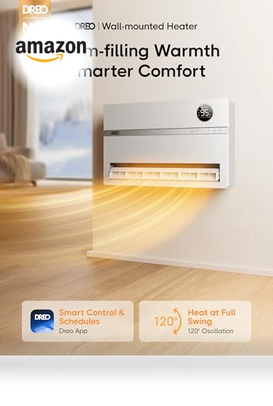 Smart Wall Heater with Remote Control, 1500W Electric Space Heater for Bedroom — Portable Heating Solutions, Dreo