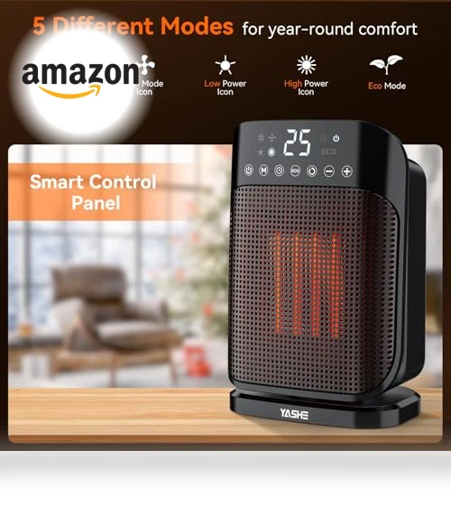 Space Heater with Thermostat and Remote, 1500W PTC Ceramic Heater for Indoor Use — Portable Heating Solutions, YASHE