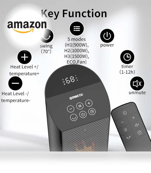 70° Oscillating Tower Electric Heater with Remote — Portable Heating Solutions, QOWETU