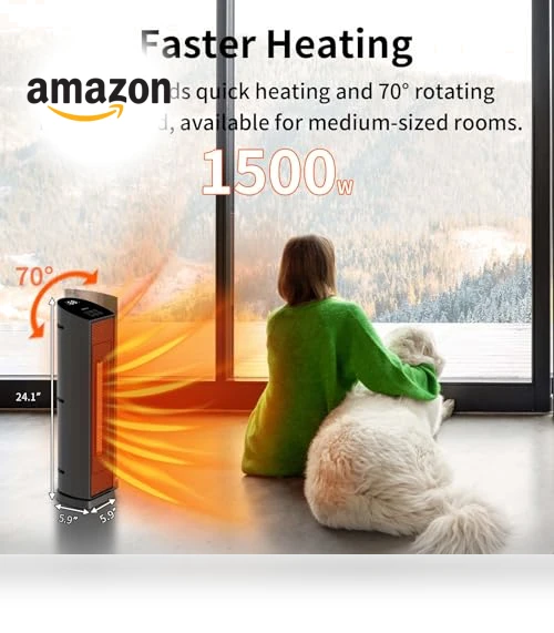 70° Oscillating Tower Electric Heater with Remote — Portable Heating Solutions, QOWETU