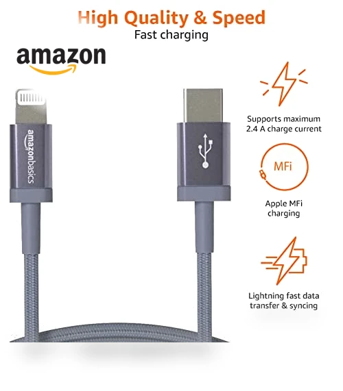MFi Certified Fast Charging USB-C to Lightning Nylon Braided Charger Cable — Lightning, Amazon Basics