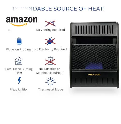 Ventless Propane Gas Blue Flame Space Heater with Thermostat Control, 10000 BTU — Portable Propane Heaters, ProCom
