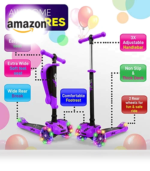 3-Wheeled Scooter for Kids with LED Lights and Adjustable Handlebar — Balance Bikes, Hurtle