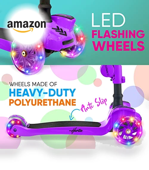 3-Wheeled Scooter for Kids with LED Lights and Adjustable Handlebar — Balance Bikes, Hurtle