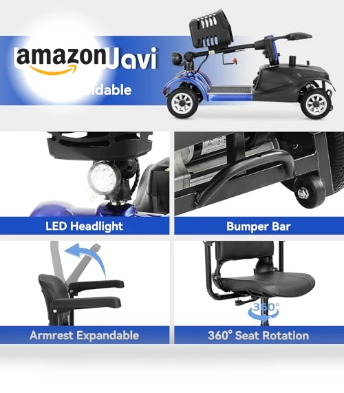 4 Wheel Compact Foldable Electric Mobility Scooter with Lights and Basket — Mobility Scooters, WheelWavi