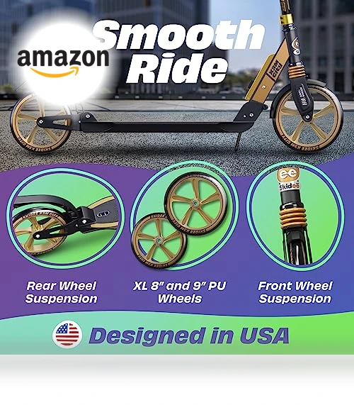 Adjustable Height Folding Scooter with Large Wheels and Anti-Shock Suspension — Push Scooters, SKIDEE
