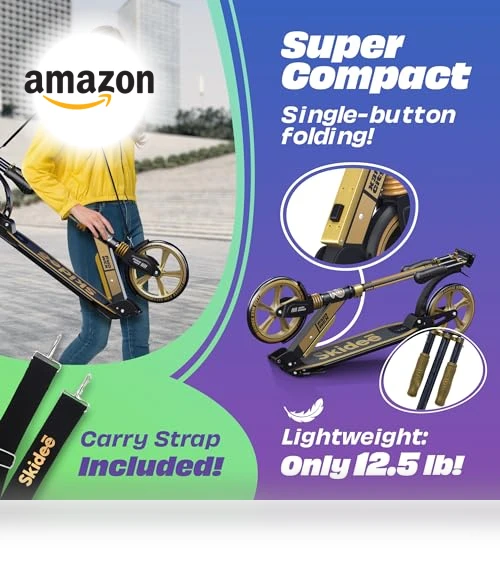 Adjustable Height Folding Scooter with Large Wheels and Anti-Shock Suspension — Push Scooters, SKIDEE