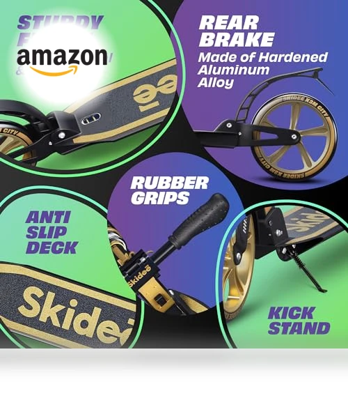 Adjustable Height Folding Scooter with Large Wheels and Anti-Shock Suspension — Push Scooters, SKIDEE