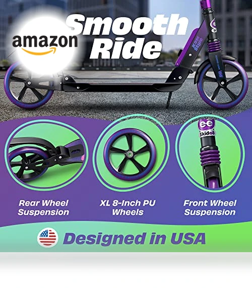 Adjustable Height Folding Scooter with Large Wheels and Anti-Shock Suspension — Push Scooters, SKIDEE