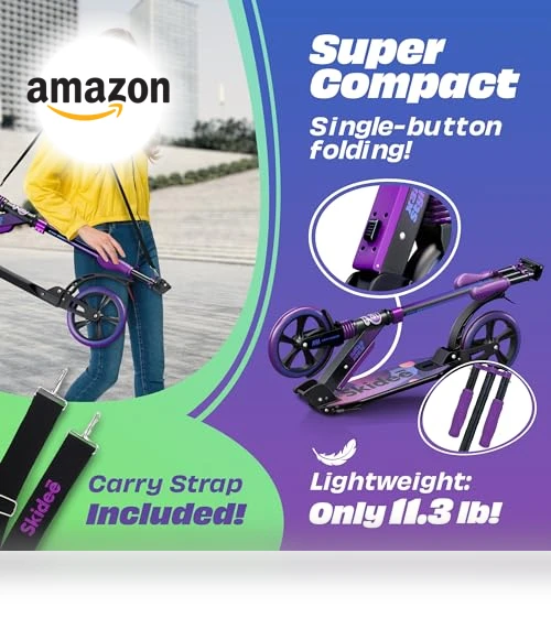Adjustable Height Folding Scooter with Large Wheels and Anti-Shock Suspension — Push Scooters, SKIDEE