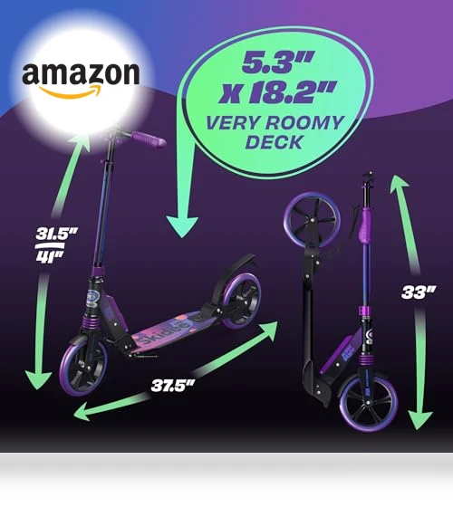 Adjustable Height Folding Scooter with Large Wheels and Anti-Shock Suspension — Push Scooters, SKIDEE