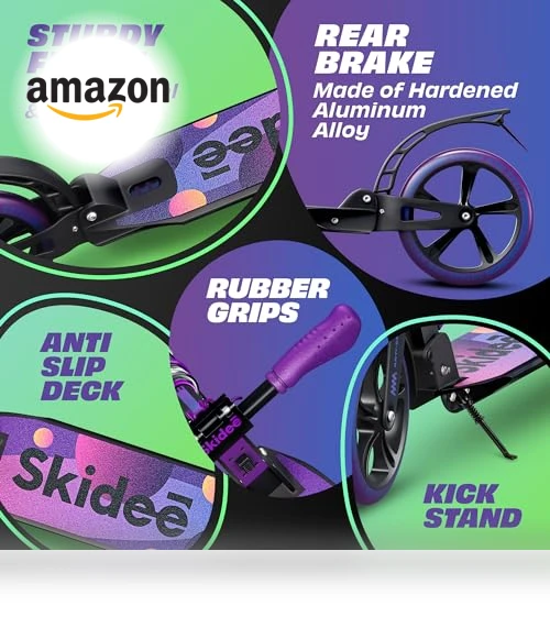 Adjustable Height Folding Scooter with Large Wheels and Anti-Shock Suspension — Push Scooters, SKIDEE