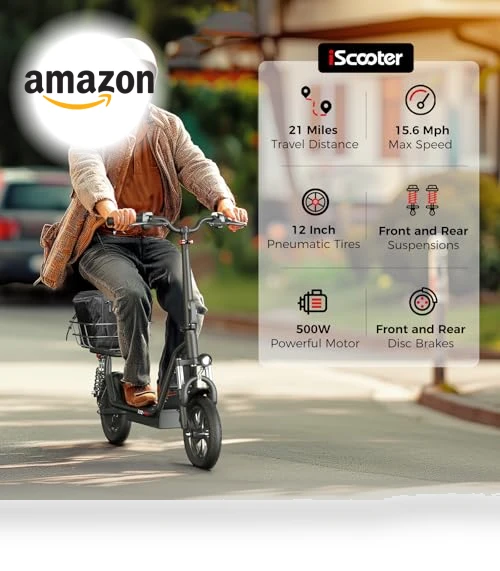 Electric Scooter with Seat, 21 Miles Long Range & 15.6 MPH Top Speed, 12" Pneumatic Tire, Dual Suspensions — Electric Vehicles, iScooter