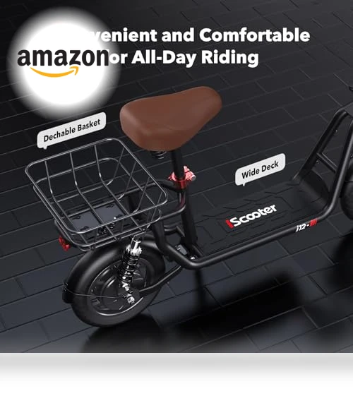 Electric Scooter with Seat, 21 Miles Long Range & 15.6 MPH Top Speed, 12" Pneumatic Tire, Dual Suspensions — Electric Vehicles, iScooter